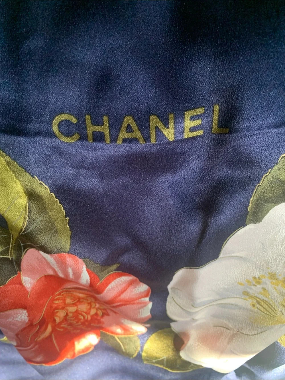 CHANEL SILK LARGE SCARF WRAP NAVY COCO GARDENIA FLORAL